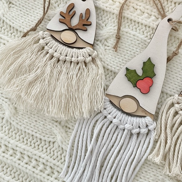 Set of four Macrame Gnome wood Ornaments - Picture 8 of 13